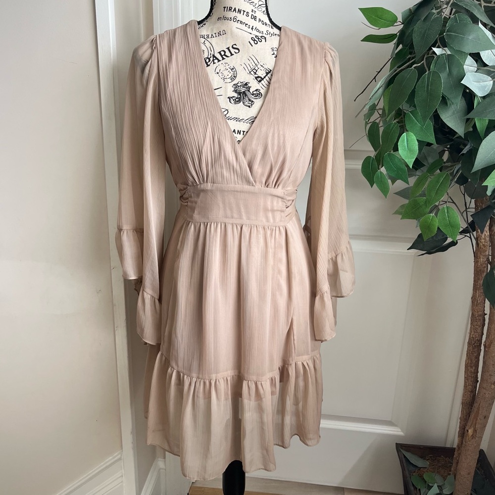 Myth NYC Y2K Ruffled V-Neck Sheer Wide Sleeve Dress Tan Sz M